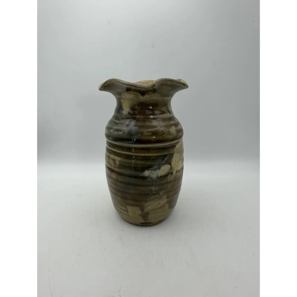 Vintage Buie Pottery Vase Brown Drip Glaze Wavy Rim Handcrafted Bud Vase
